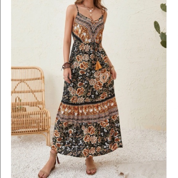 Boho floral print drawstring waist cami dress - Picture 13 of 16